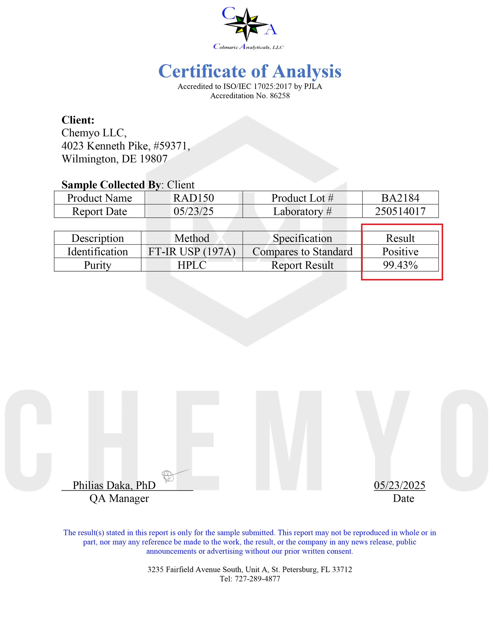 Chemyo purity certificate